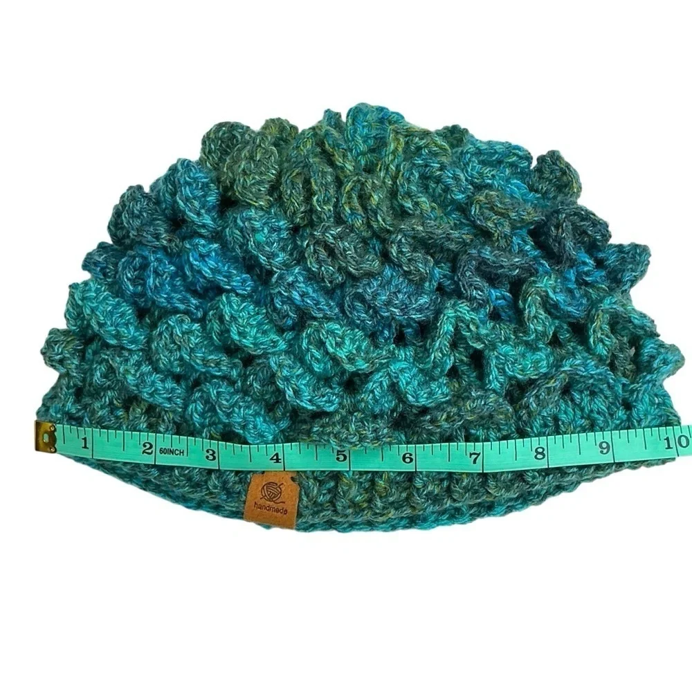 Kids Winter Beanie Hat Blue‎ Green Crocodile Dragon Scale Handcrafted Crochet